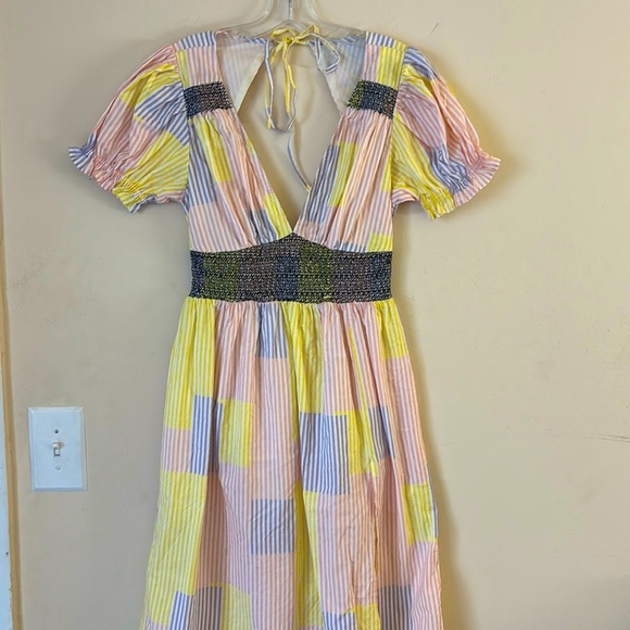 Urban Outfitters Liliana Side Slit Midi Dress Puff Sleeve patchwork striped Sz M - Picture 1 of 16